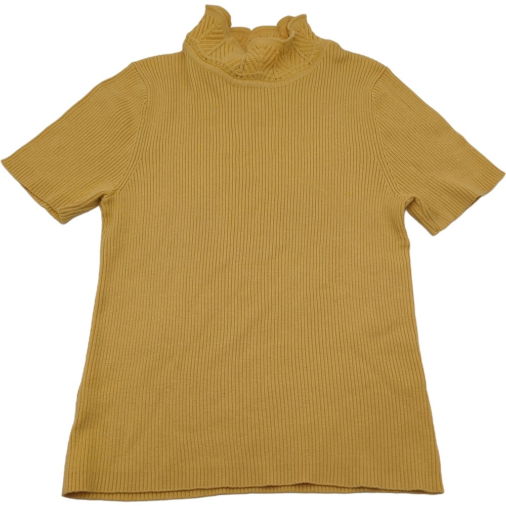 Christopher & Banks Mustard Yellow Ribbed Mock Neck Short Sleeve Sweater Small